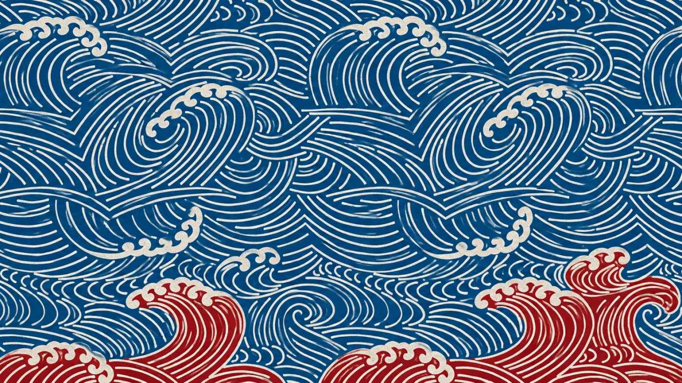 Indigo and Crimson Ukiyo-e Waves