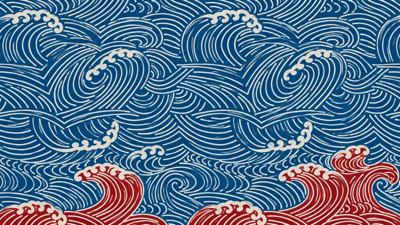 Indigo and Crimson Ukiyo-e Waves